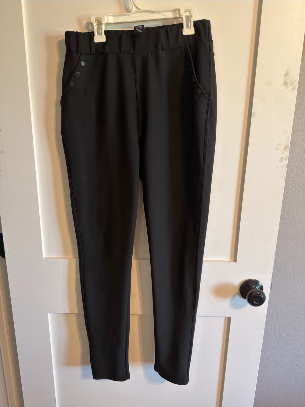 Slim Pull-On Black Ponte Pants with Snap Pocket Detail